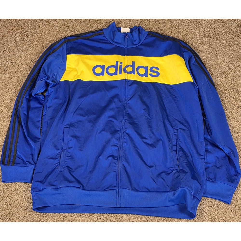 adidas Mens 2XL Blue Yellow Colorblock Linear Tricot 3 Stripes Jacket HT5065